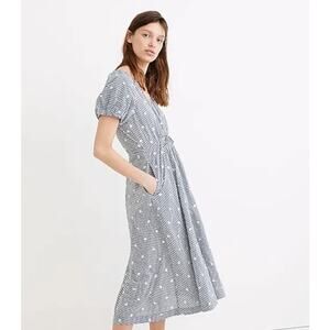 Madewell Embroidered Gingham Faux-Wrap Tie-Waist Midi Dress Navy Summer Small